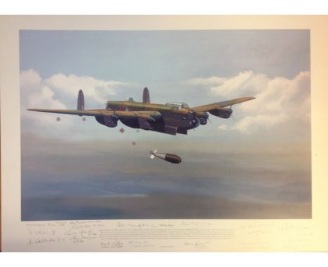 World War Two Lancaster print 20x28 titled Tallboy Away presentation copy signed in pencil by, 8, bomber command veterans inc