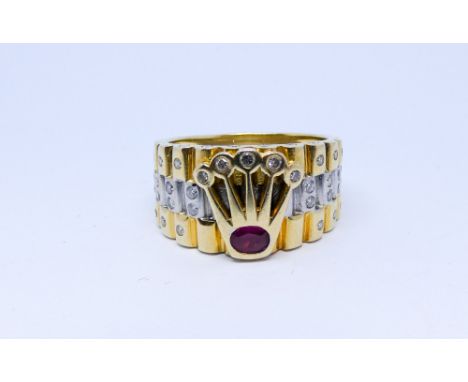 Gents ruby and diamond yellow and white gold signet ring, set in the Rolex style shank stamped 750, 11.9 grams tests as 18 ct