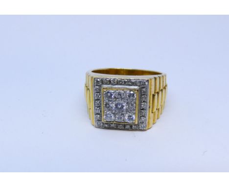 Gents middle eastern gold and pave diamond set signet ring set with a square panel of diamonds tests as high carat gold 14gms