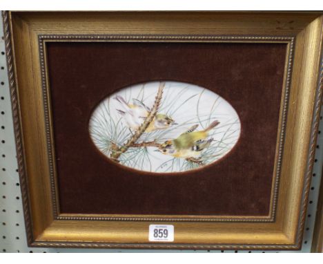 An oval framed porcelain panel of Gold crests and fire crest signed B Cox approx 11cms x 19cms  