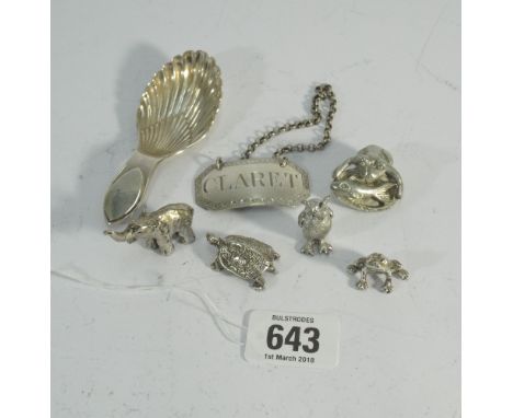 George III silver claret label, London 1792, together with a caddy spoon with shell shaped bowl, Sheffield 1921, and five min