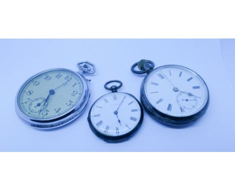 Silver open face pocket watch, 900 standard silver fob watch and a  nickel cases pocket watch.