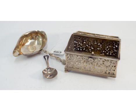 White metal domed top casket, un marked caddy spoon and a brandy ladle inset with a coin  Casket has foot detached.