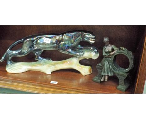Large Panther ornament, elephant, dog and other figures, candlesticks, Poole Pottery bowl etc