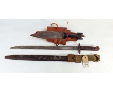 A British army bayonet together with its leather covered steel mounted scabbard complete with canvas frog, wooden grips to ha