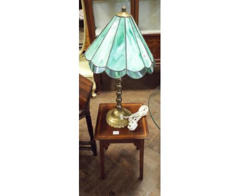 A square inlaid mahogany lamp table and a brass table lamp with green Tiffany style shade 