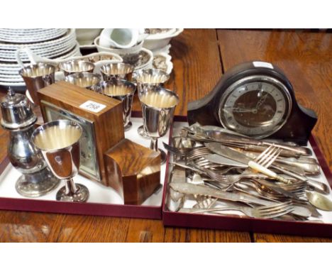 Art Deco mantle clock in walnut case, oak cased clock, plated goblets, sugar caster, cutlery etc 
