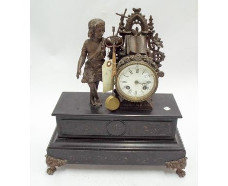 A French striking figure mounted mantle clock on black marble base 