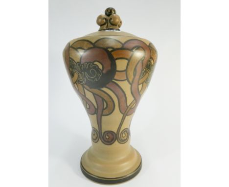 An Art Nouveau Bornholm stoneware vase and cover by Lauritz Adolph Hjorth (1834-1912), fainted with Celtic inter-twined friez