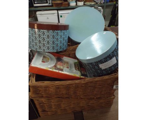 A quantity of wicker storage boxes, a pine wall hanging shelf with baskets 