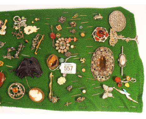 A collection of 19th century and later brooches and stick pins, some silver, some gold, mostly base metal set with marcasite,