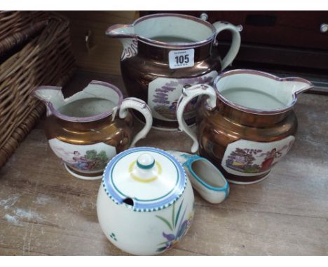 Set of three Faith, Hope & Charity graduated jugs and  a Poole jam pot.  Jugs have damage