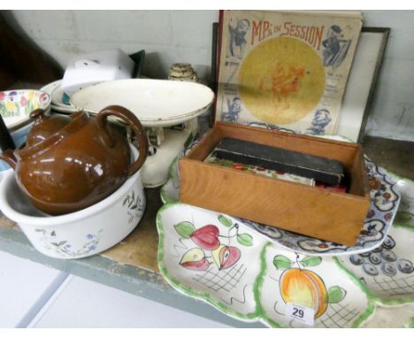 A quantity of old china, pictures, dishes, a mahogany wall shelf, wall clock, balance scales, records etc 