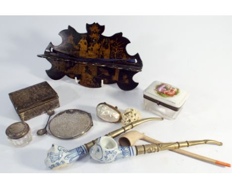 A lacquer pipe rack, powder bowl, white metal boxes, compacts, shell trinket boxes, pipes etc 