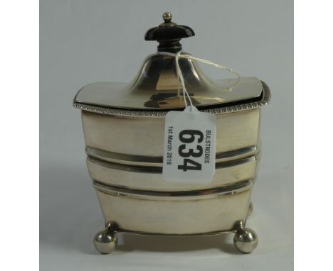 Late Victorian silver tea caddy, with hinged lid and ebony finial. London 1898. 5.2 troy ounces.