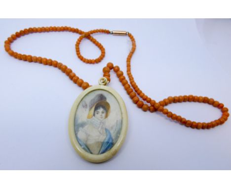 19th century coral and ivory necklace, set with an oval ivory framed portrait miniature of a Regency girl, suspended from a r