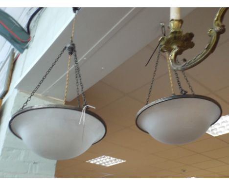 A pair of 1920's hanging bowl shaped electric light pendants slightly different shape to previous lot