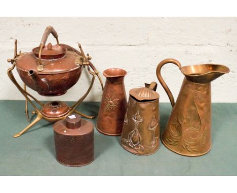 Copper and brass spirit kettle, three various jugs and tea caddy