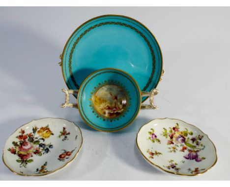 K B Worcester twin handled soup bowl and cover the interior painted with a lady on a Water Lilly together with two Dresden pi