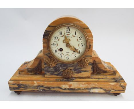  French striking mantle clock in cream and flecked marble case in the Napoleon style   appears to run, pendulum possibly home