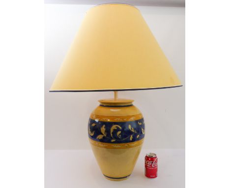 A large Louis Drimmer ceramic table-lamp and shade: light-yellow crackleware glazes, signed to base (83 cm high including sha