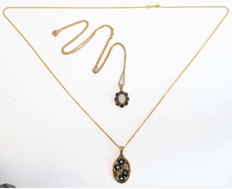 Two sapphire-set and 9-carat yellow-gold pendants on 9-carat gold chains: the first of oval openwork design with four flowerh