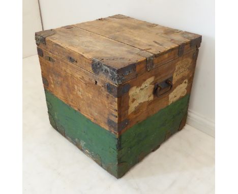 Two early 20th century zinc-lined&nbsp;pine trunks. Both metal-mounted and with pasted shipping labels. The larger trunk with