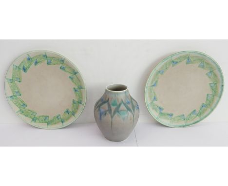 Three pieces of early 20th century Gladys Rogers decorated Royal Lancastrian (PIlkington's) ceramics:a pair of plates decorat