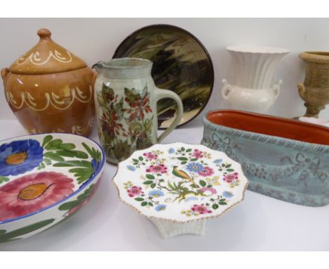 Large ceramics to include:a lidded cooking pot decorated with slip trail (30 cm high including lid);a large studioware bowl (