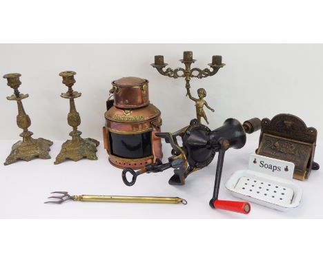 Assorted metalware to include:a heavy copper and brass ship's lamp;a pair of Italianate candlesticks;a three-light figural br