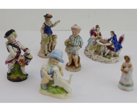 Six mostly late 19th and early 20th century hand-decorated continental porcelain figures to include:a drummer boy;a 20th cent