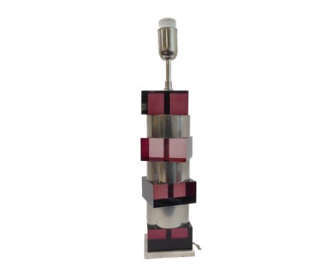 A Modernist red angular perspex and cylindrical brushed-steel table lamp. (49 cm high including electrical fitting)