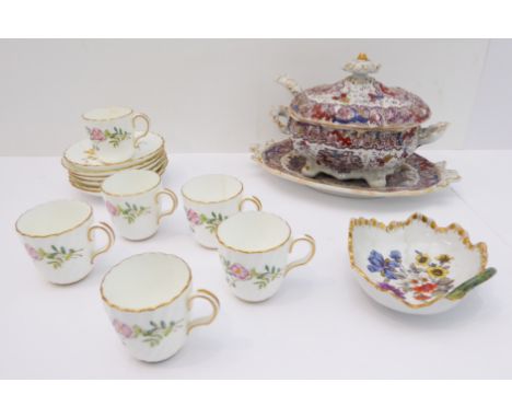 A group of three comprising:a late 19th century Meissen pickle dish, leaf-shaped and hand-decorated in enamels and with gilt 