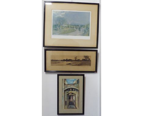 Three pictures in ebonised frames:1. 'Mediterranean Stepped Alley' - oil on card  (41 x 23 cm). (Frame 55 x 36 cm).2. Henry M
