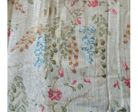 Three pairs of curtains in a heavy linen type floral fabric with green edging; pencil pleat heading, thermal lining with heav