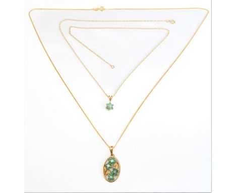 Two emerald and diamond-set pendants with 9-carat yellow gold chains: the first comprising four emerald and diamond-set flowe