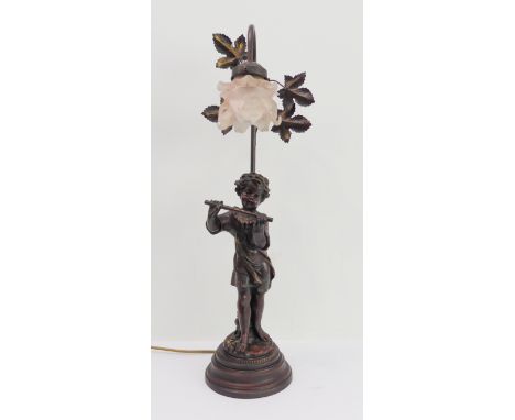 A modern bronzed table lamp in Art Nouveau style: handmade glass shade as a flowerhead with upturned leaves above a child hol