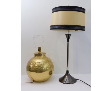 Two table lamps: a large brass lamp base with incised decorative bands (approx. 30 cm high excl. electrical fitting) and a ch
