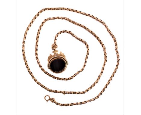 A yellow gold belcher link long chain necklace (67cm long, 14.7g) suspending a 9-carat yellow gold hardstone swivel fob set w