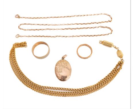 A faceted belcher link chain necklace (56cm long, 4.5g), together with an oval engraved locket; a 9-carat yellow-gold and whi