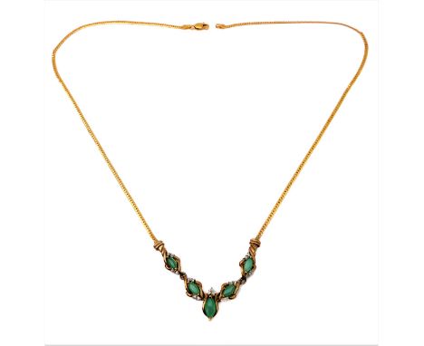 A yellow gold emerald and diamond-set necklace, the front section set with five navette-shaped emeralds each with single-cut 