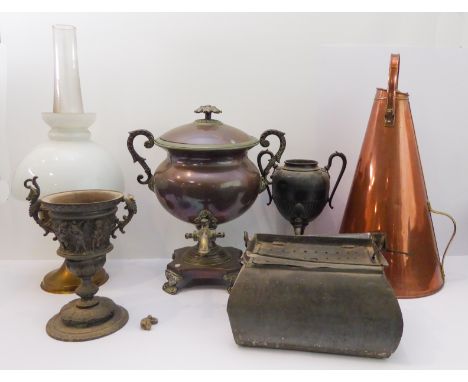 Six pieces of metalware to include:a copper and brass samovar (42 cm high);a live-bait kettle;an 'Aladdin 23' brass oil lamp 