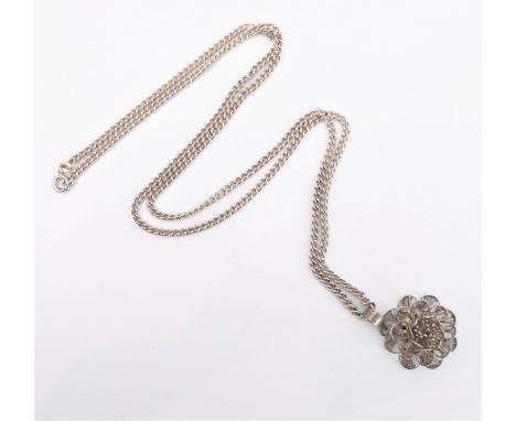 A silver filigrees pendant modelled as a flowerhead suspended from a silver chain (boxed)&nbsp;