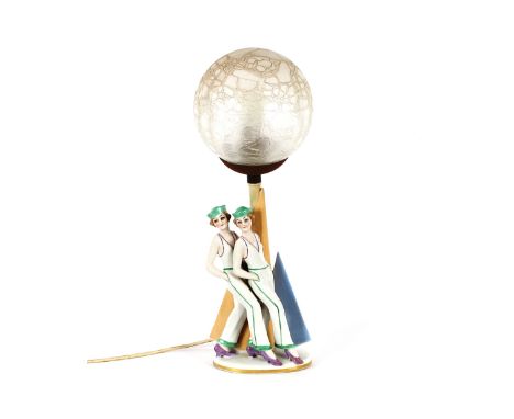 An Art Deco design porcelain table lamp, in the form of two sailor girls, having frosted glass globular shade, 45cm high, AF