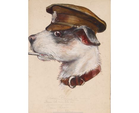 First World War period study of seated dogs with Army and Naval caps, unsigned watercolour, 27cm x 18cm; another by the same 