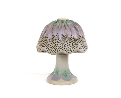 A large Bernard Rooke pottery table lamp, decorated lily pads with globular pierced shade