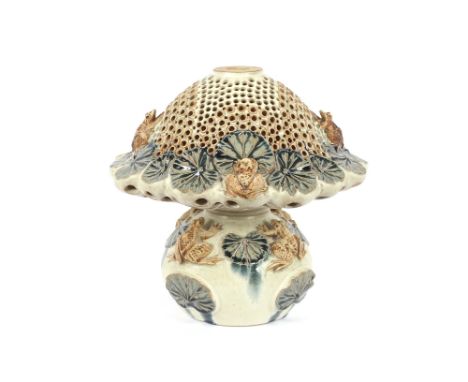 A Bernard Rooke pottery table lamp, having mushroom shaped shade, decorated frogs and lily pads, 34cm high
