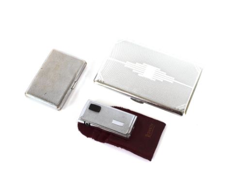A Ronson Art Deco design lighter; and two engine turned decorated metal cigarette cases