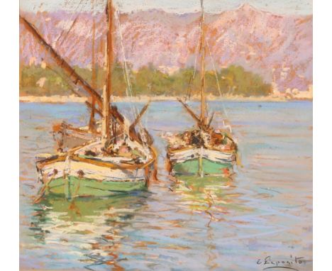 Esposito, Mediterranean study depicting fishing boats, signed pastel, 29cm x 31cm