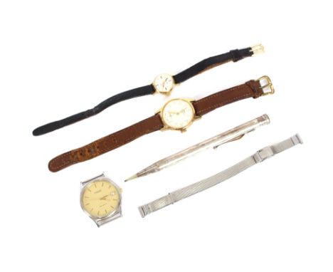 A Tissot Seastar wrist watch; an Oris anti-shock wrist watch; another; a silver cased propelling pencil etc. 